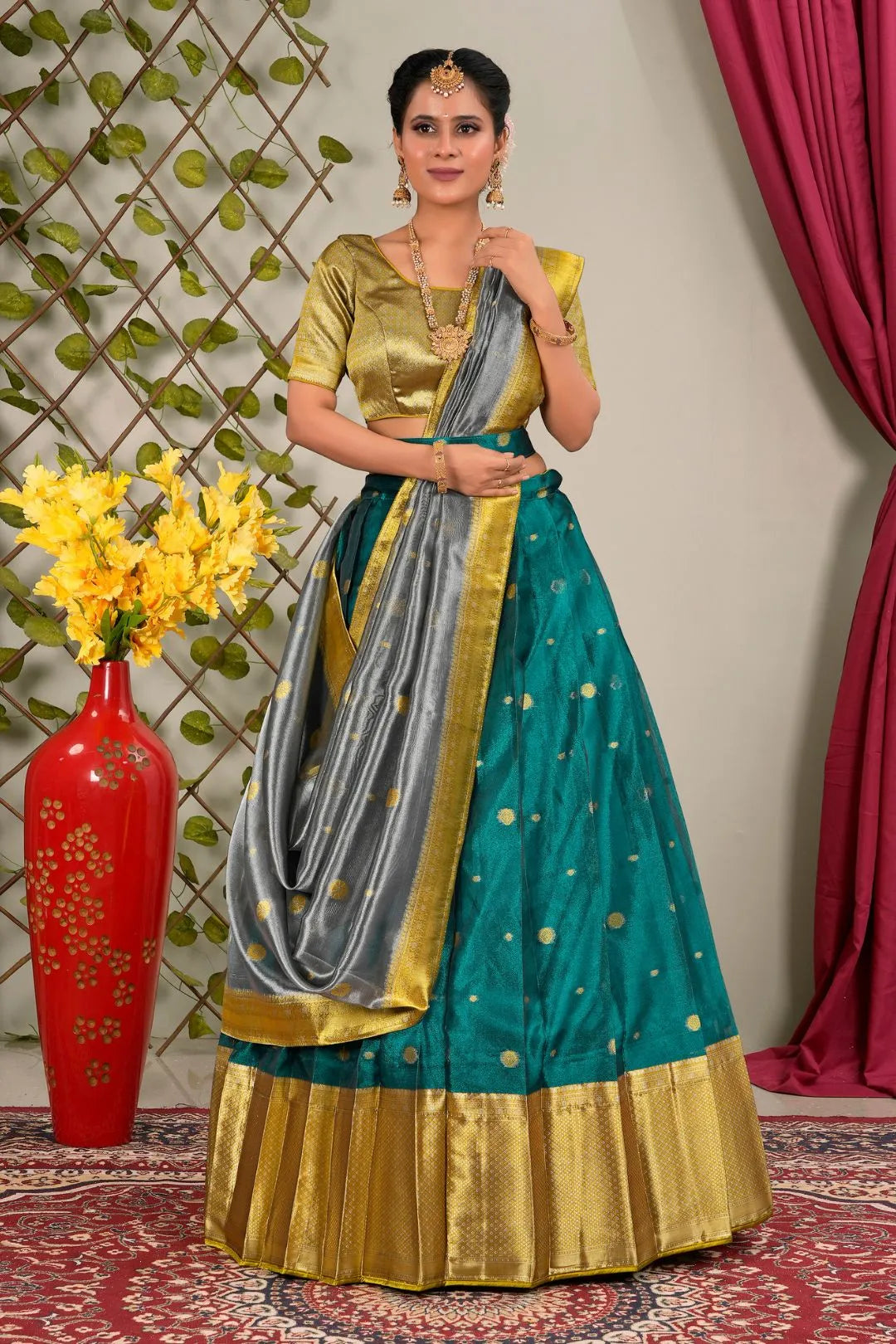 Rama Banarasi Silk Half Saree For Women