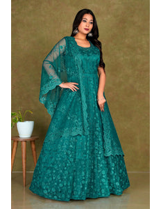 Woman wearing a teal embroidered dress Net Gown For Women