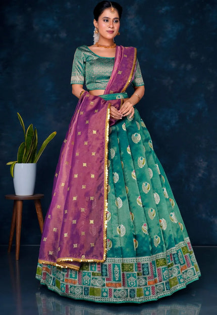 Rama Digital Print Banarasi Half Saree Set For Women