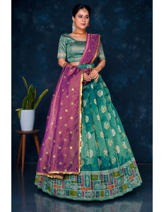 Rama Digital Print Banarasi Half Saree Set For Women