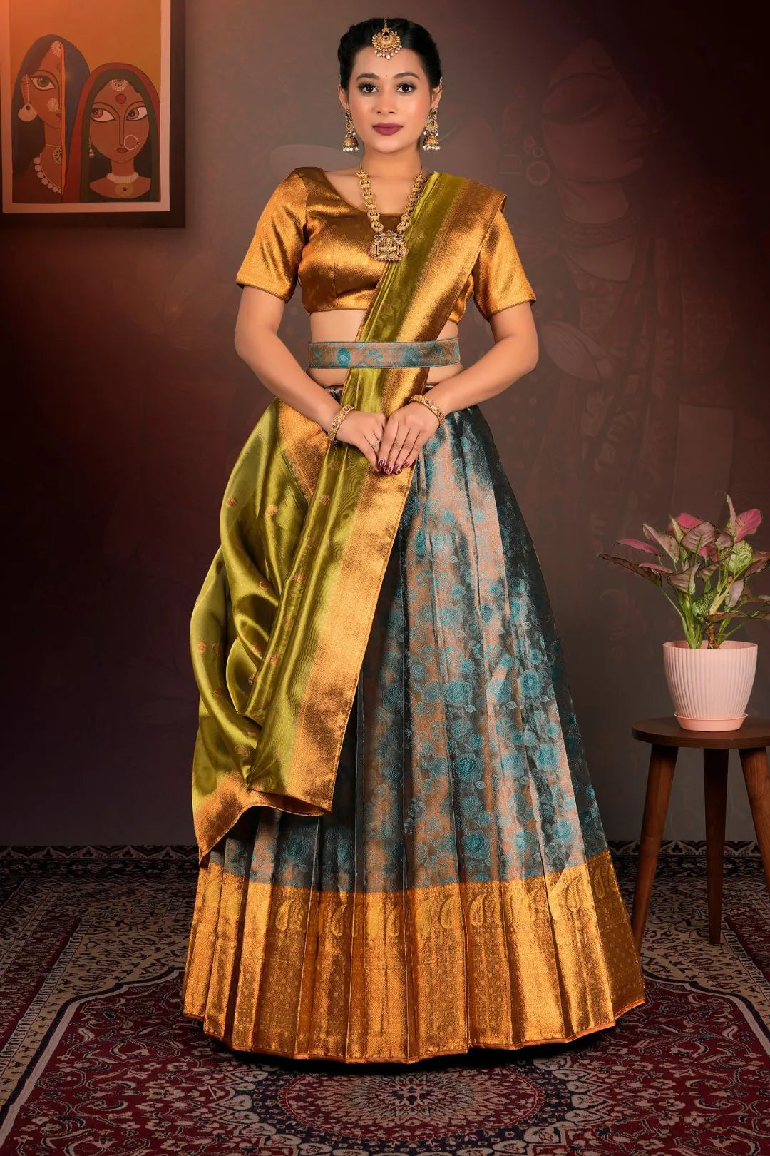 Rama Pure Two Tone Zari Tissue Lehenga Choli with Zari Work