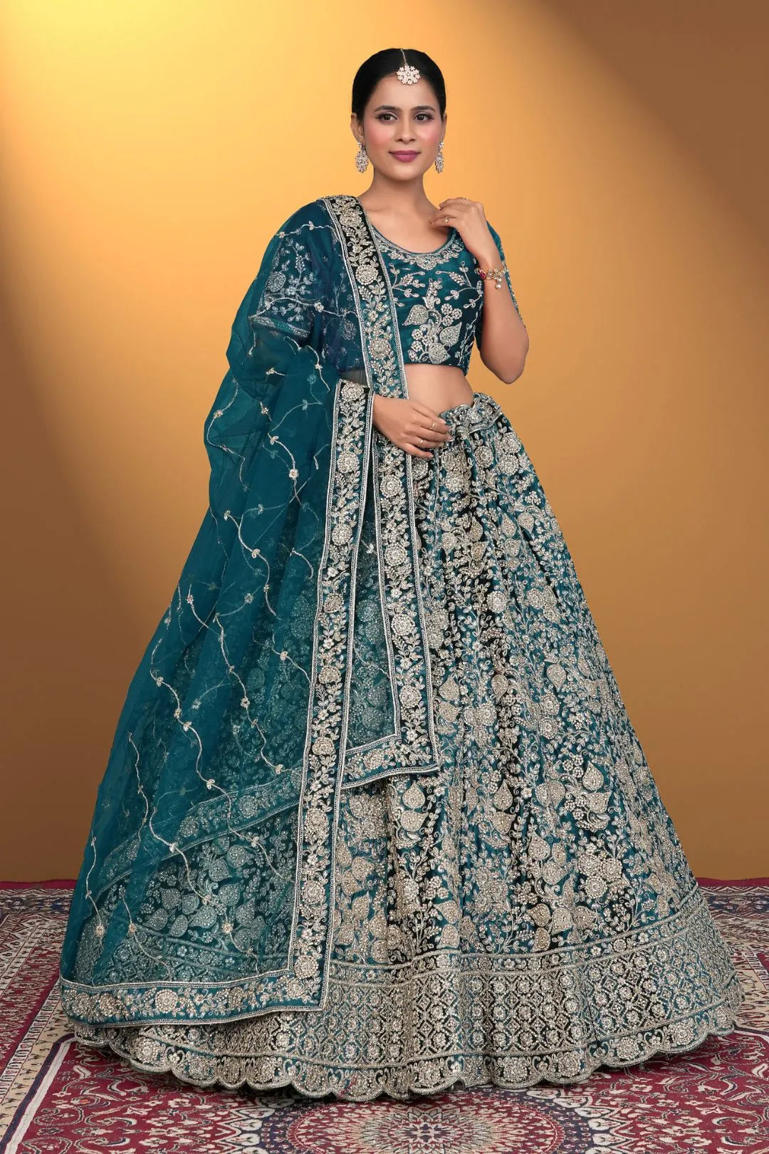 Rama Velvet Lehenga Choli With Net Dupatta For Women