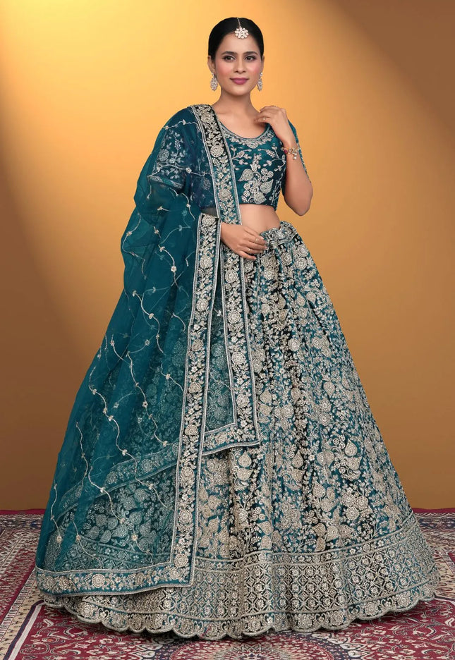 Rama Velvet Lehenga Choli With Net Dupatta For Women