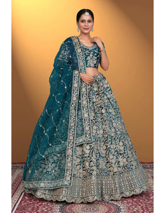 Rama Velvet Lehenga Choli With Net Dupatta For Women