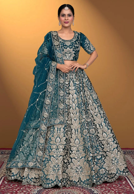 Rama Velvet Lehenga Choli With Net Dupatta For Women