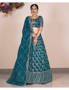Teal embroidered lehenga with matching blouse