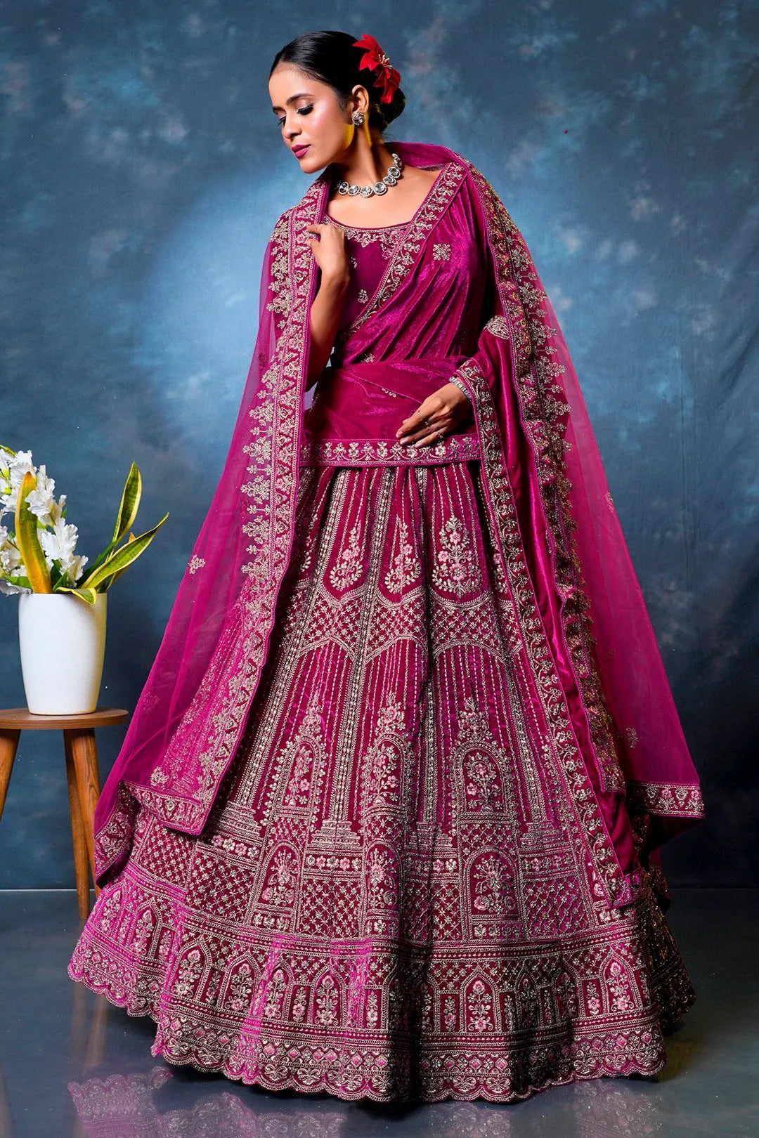 Rani Velvet Designer Bridal Lehenga Choli with Double Dupatta