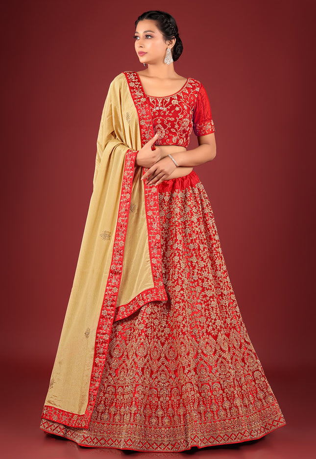 Red Party Net Lehenga
