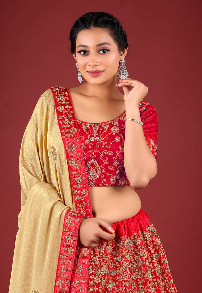 Red Party Net Lehenga