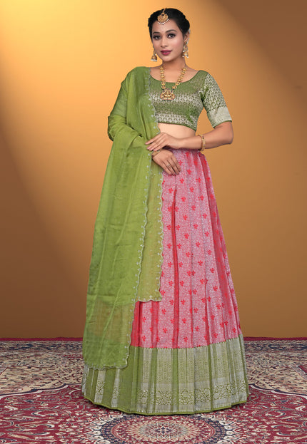 Woman wearing a green and red traditional outfit