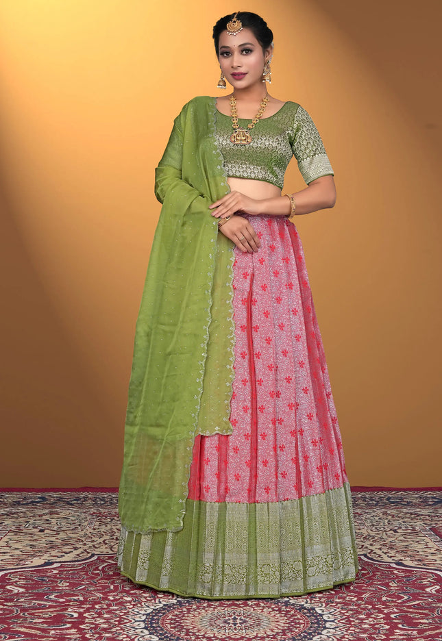Woman wearing a green and red traditional outfit