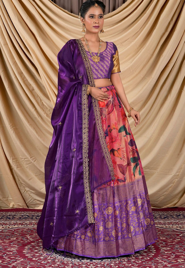 Woman wearing a traditional purple Blouse with a colorful skirt