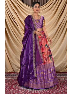 Woman wearing a traditional purple Blouse with a colorful skirt