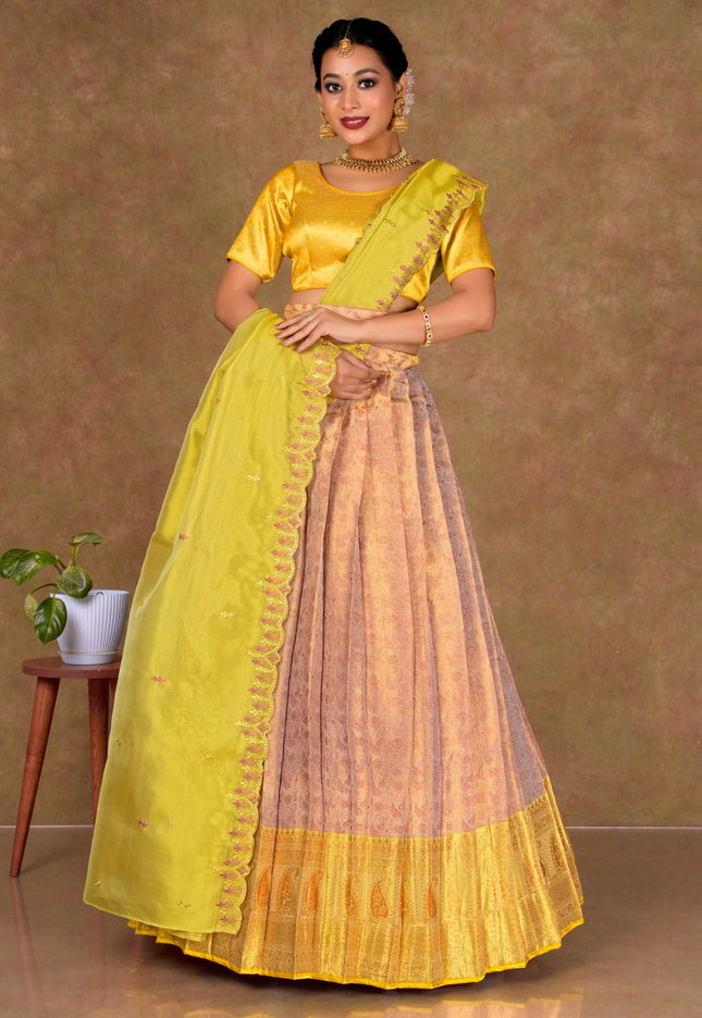 Woman wearing a Rust Lehenga with a Yellow blouse