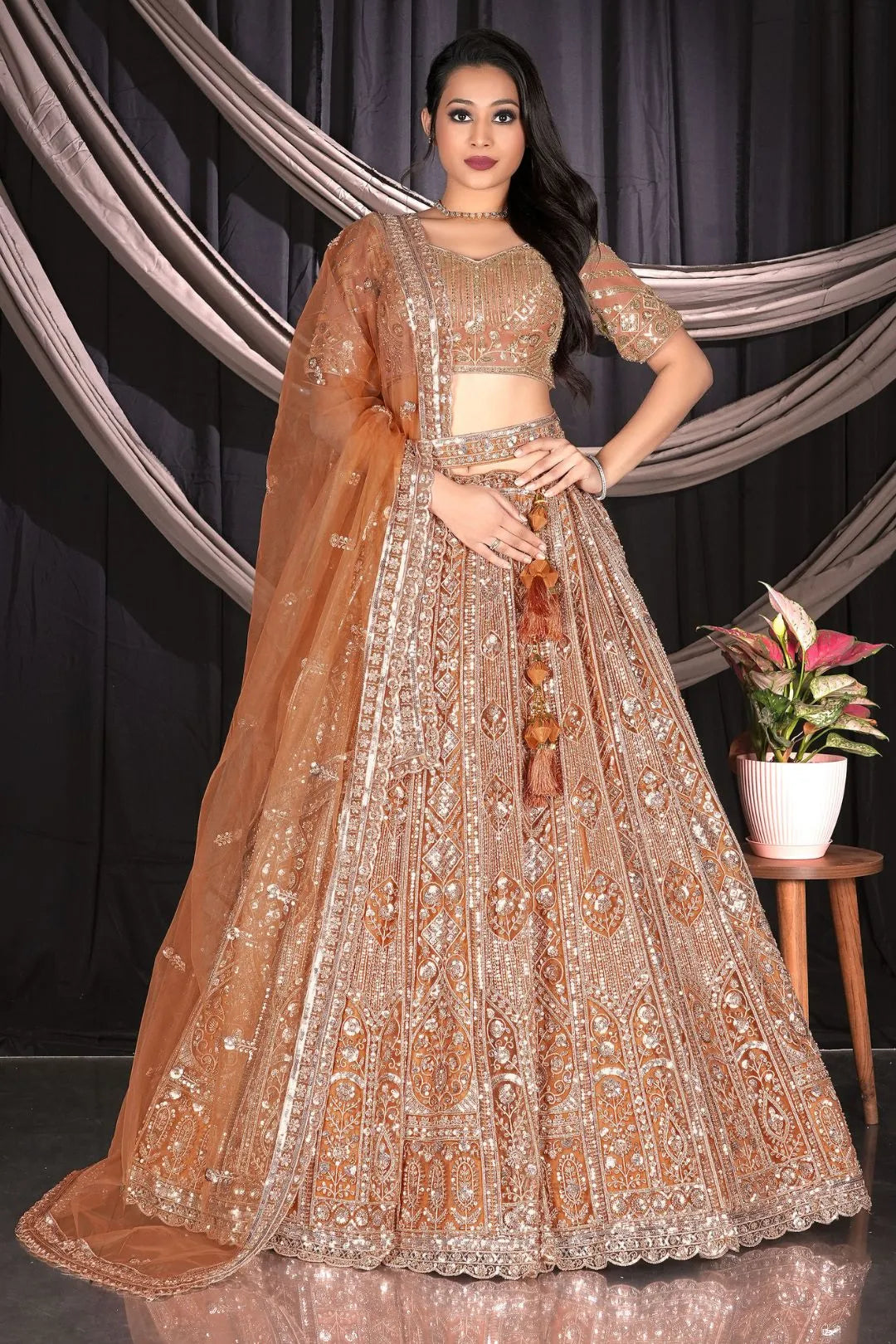 Rust Colour Net Lehenga Choli Set For Women