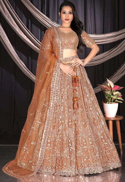 Rust Colour Net Lehenga Choli Set For Women