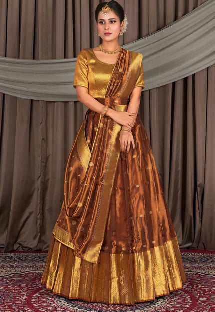 Rust Tissue Silk Zari Work Lehenga For Women