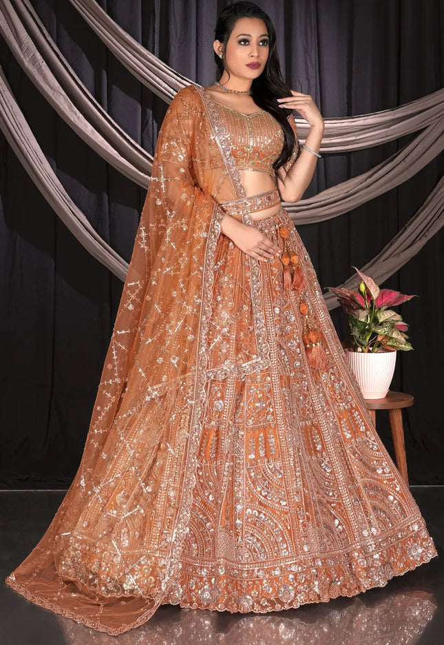 Rust Traditional Net Lehenga Choli With Dupatta