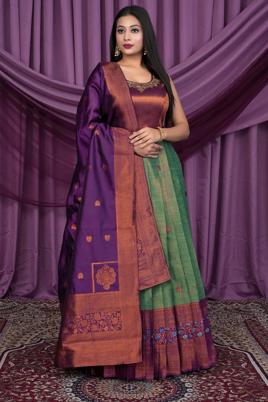 Sea Green Designer Banarasi Gown With Dupatta