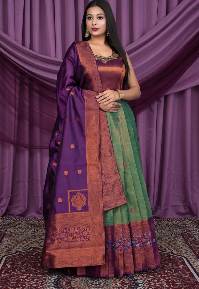 Sea Green Designer Banarasi Gown With Dupatta