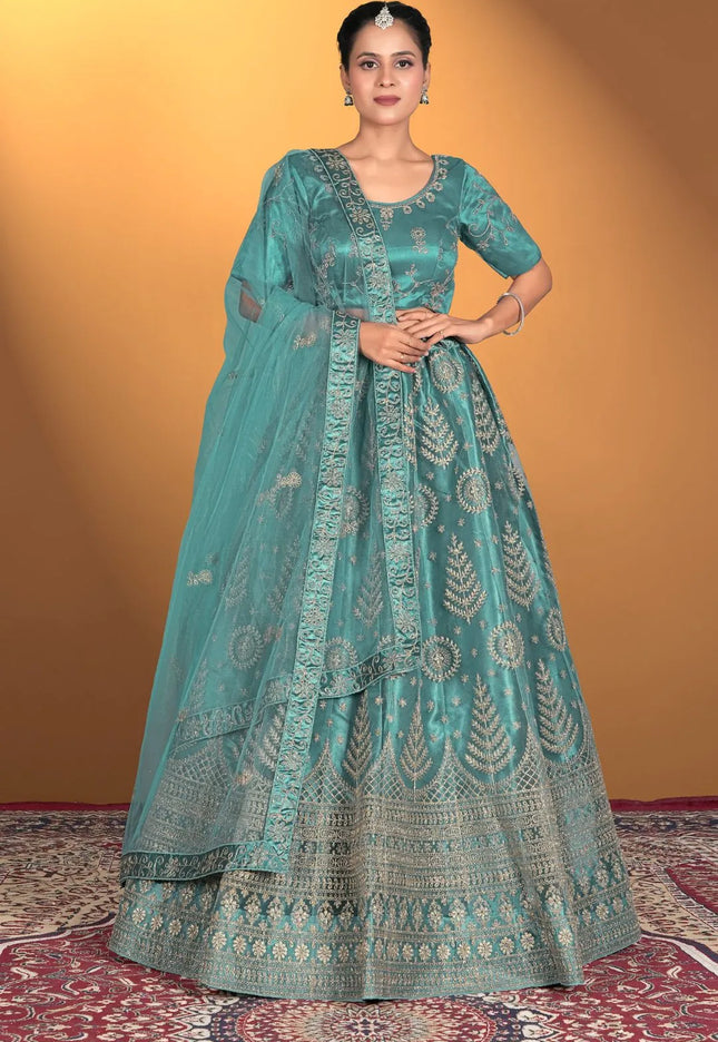 Sea Green Net Lehenga Choli For Women With Embroidery Work