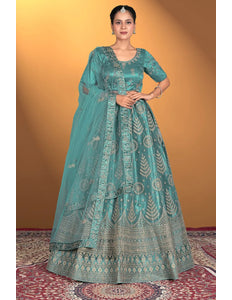 Sea Green Net Lehenga Choli For Women With Embroidery Work