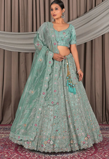 Sea Green Party Wear Embroidered Twill Net Lehenga Choli For Women