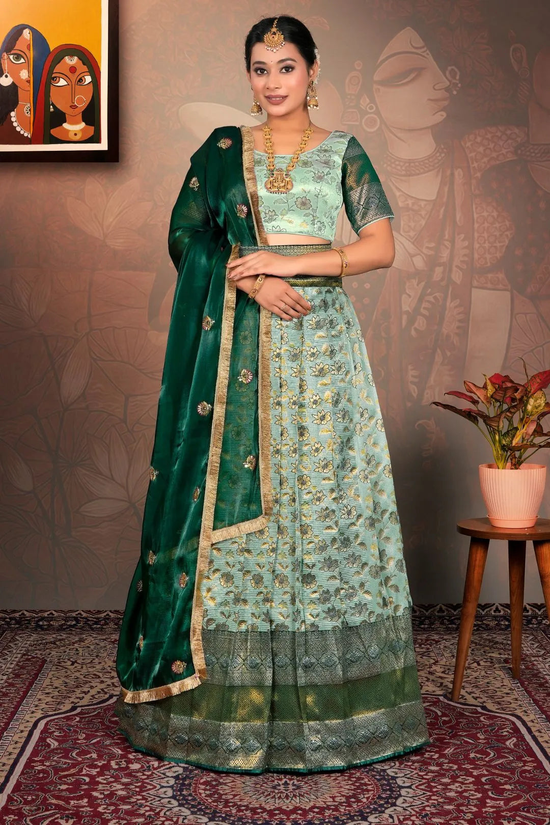 Sea Green Banarasi Jacquard Silk Lehenga Choli for Women