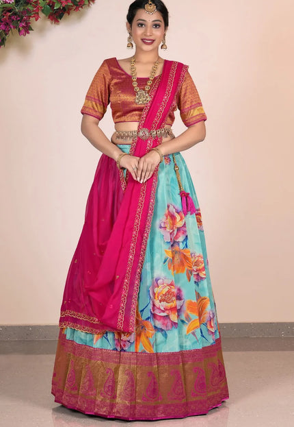 Sea Green Banarasi Lehenga Choli With Digital Print
