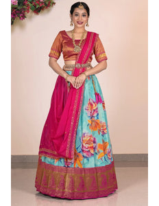 Sea Green Banarasi Lehenga Choli With Digital Print