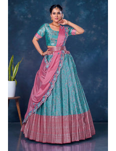 Sea Green Banarasi Lehenga Choli With Pink Dupatta