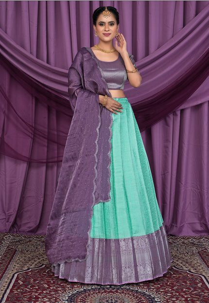 Woman wearing a traditional outfit with a purple and Sea Green Lehenga Choli