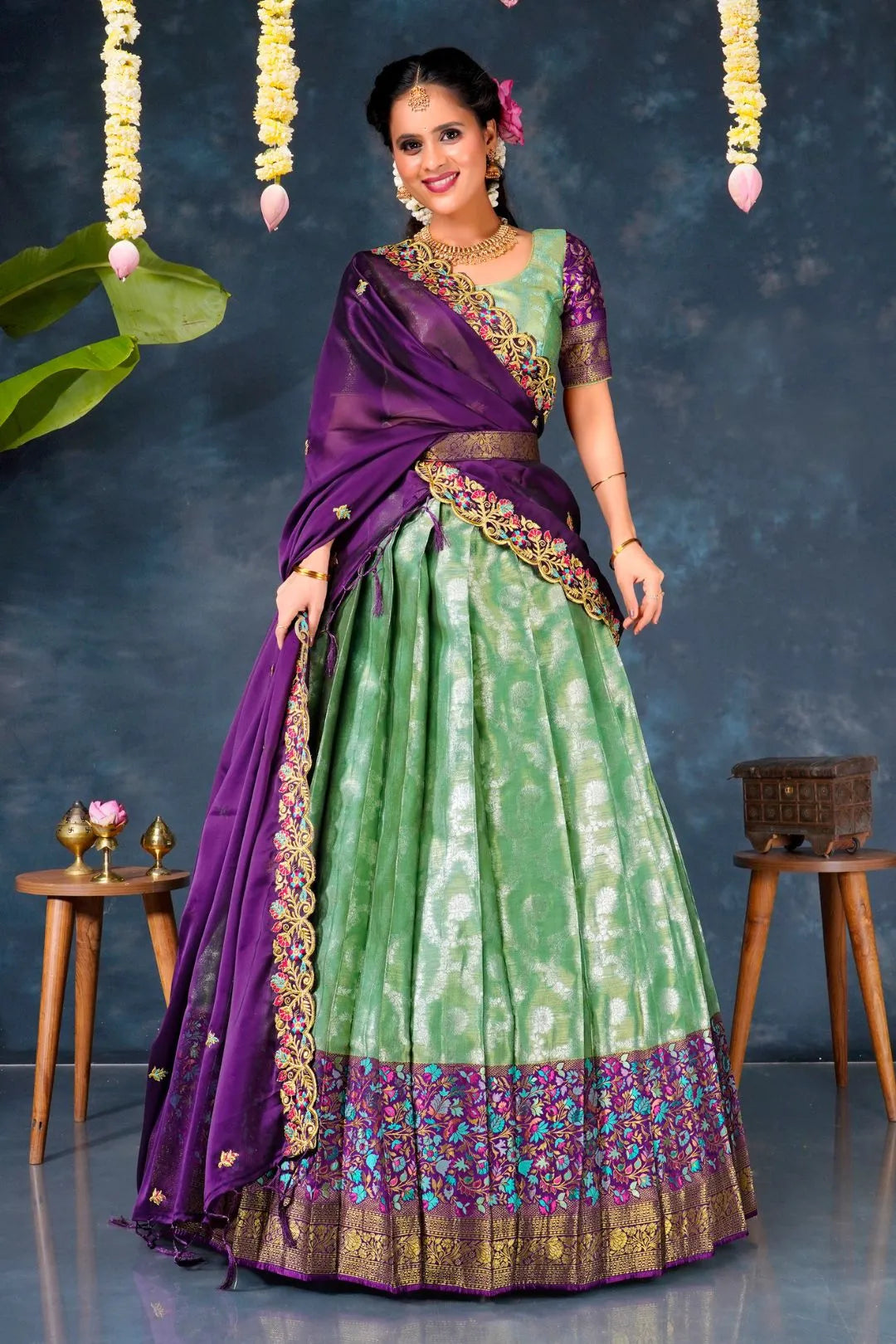 Sea Green Banarasi Silk Pattu Half Saree With Zari Work