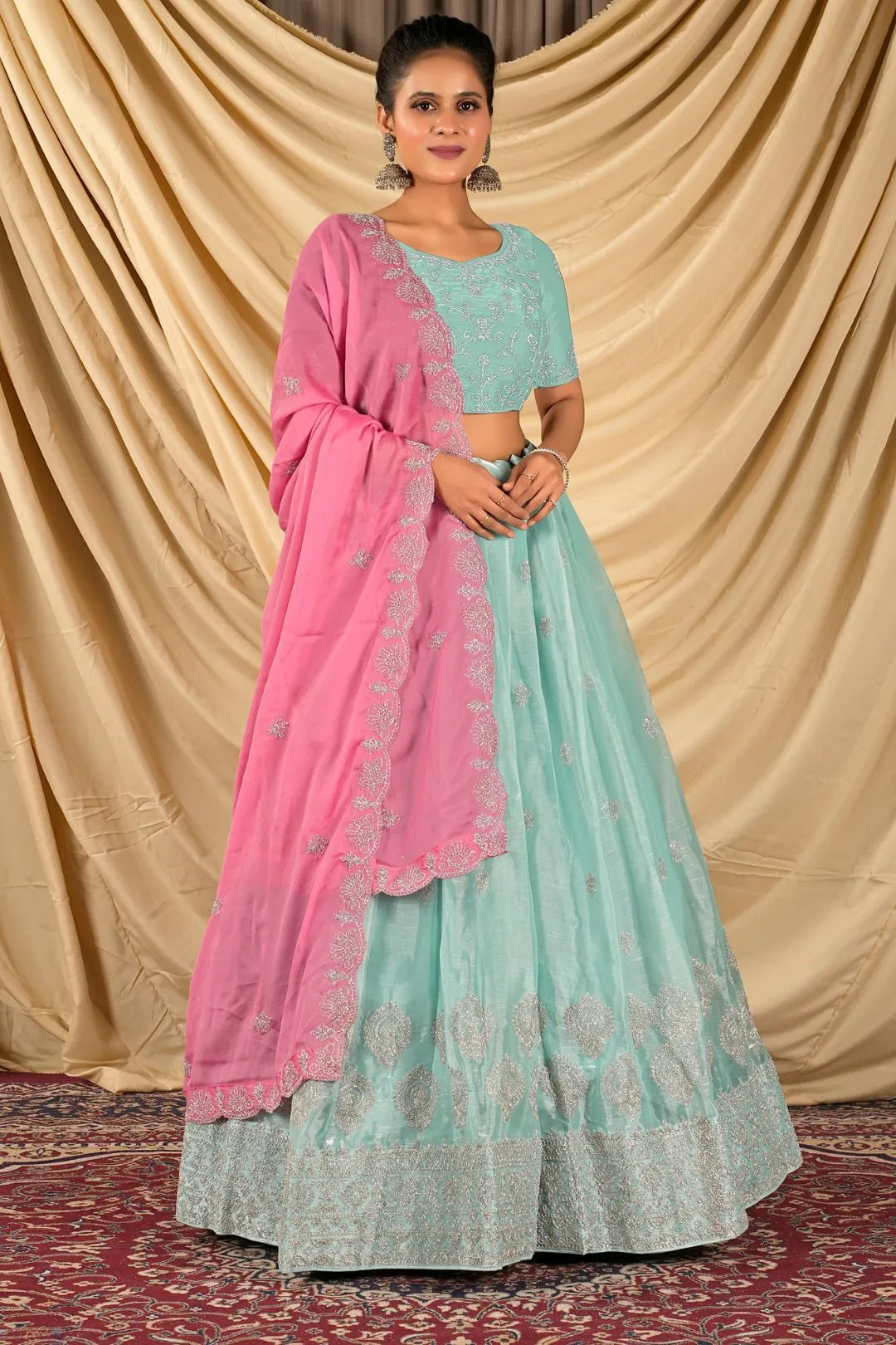 Sea Green Barbery Silk Lehenga Choli With Rangoli Dupatta