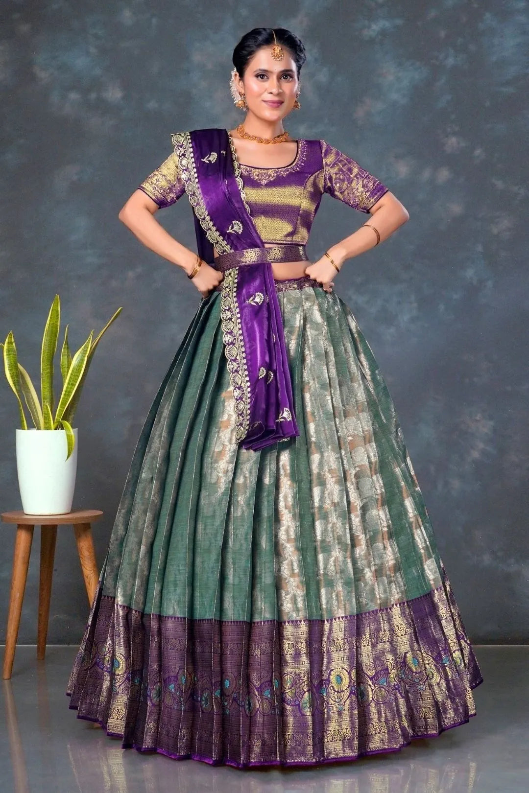 Sea Green Color Banarasi Lehenga With Wine Dupatta