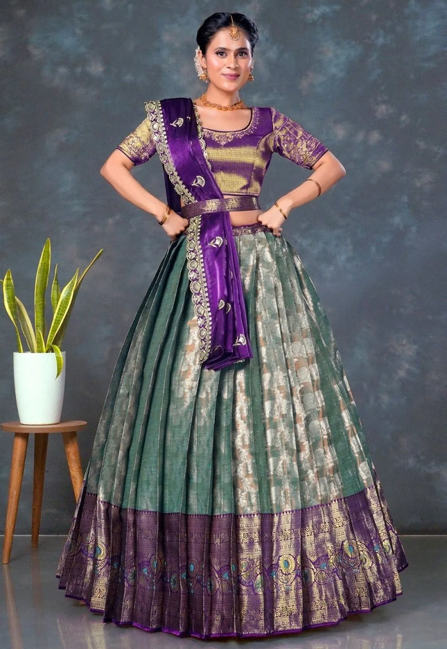 Sea Green Color Banarasi Lehenga With Wine Dupatta