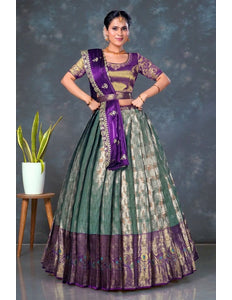 Sea Green Color Banarasi Lehenga With Wine Dupatta