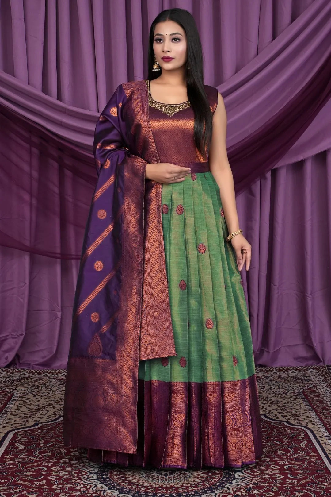 Sea Green Designer Banarasi Silk Gown With Dupatta