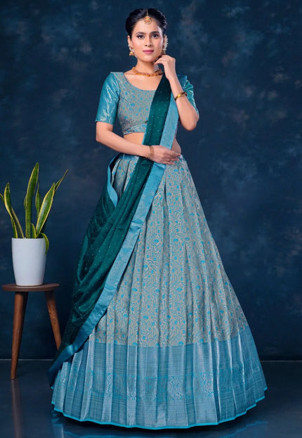Sea Green Designer Lehenga Choli in Banarasi Silk