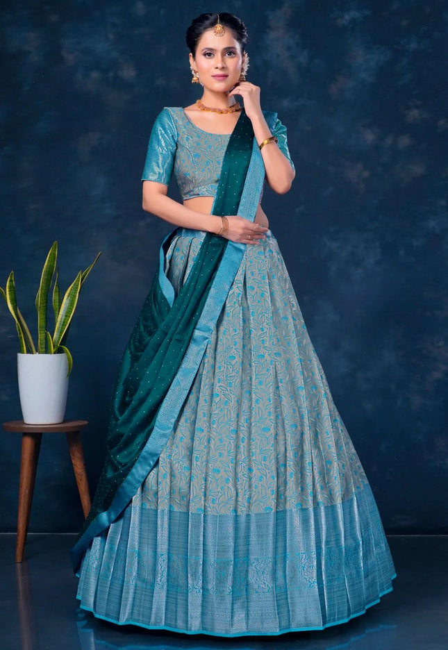 Sea Green Designer Lehenga Choli in Banarasi Silk