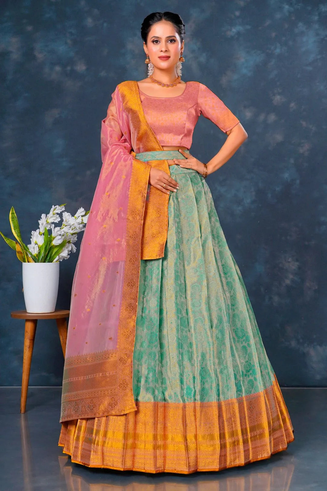 Sea Green Designer Lehenga Choli in Tissue Silk
