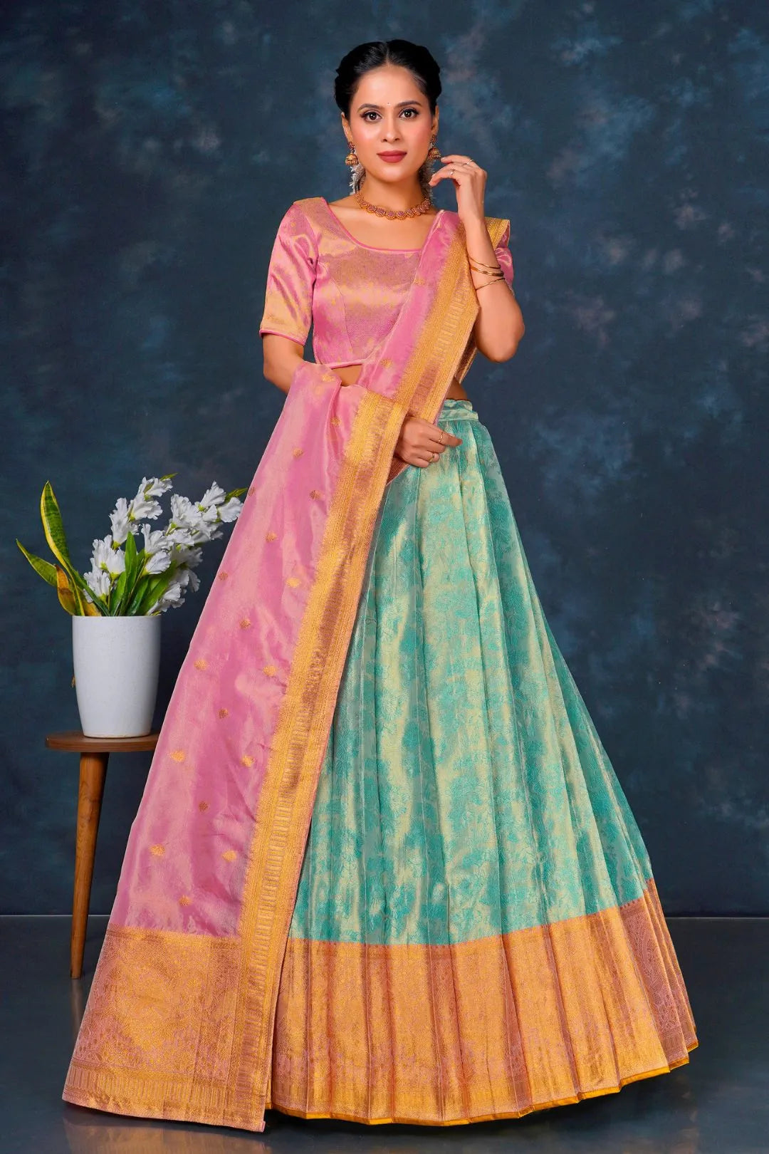 Sea Green Designer Lehenga Choli in Tissue Silk For Women