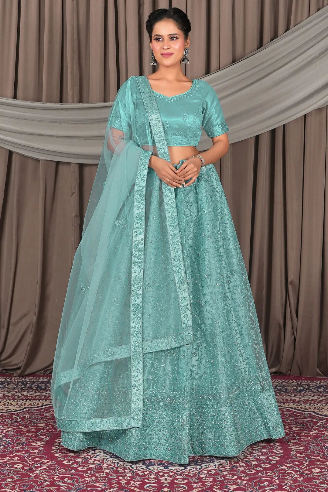 Sea Green Designer Net Lehenga Choli For Weddings