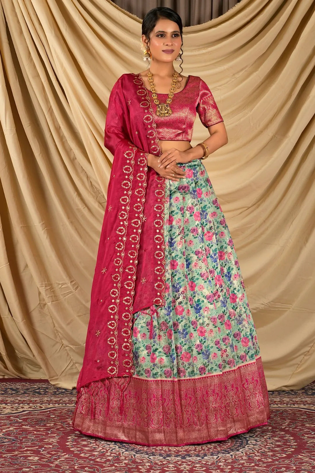 Sea Green Digital Print Tissue Silk Lehenga Choli For Women