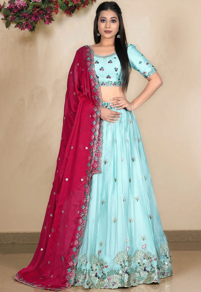 Sea Green Embroidered Lehenga Choli In Satin Chiffon Fabric