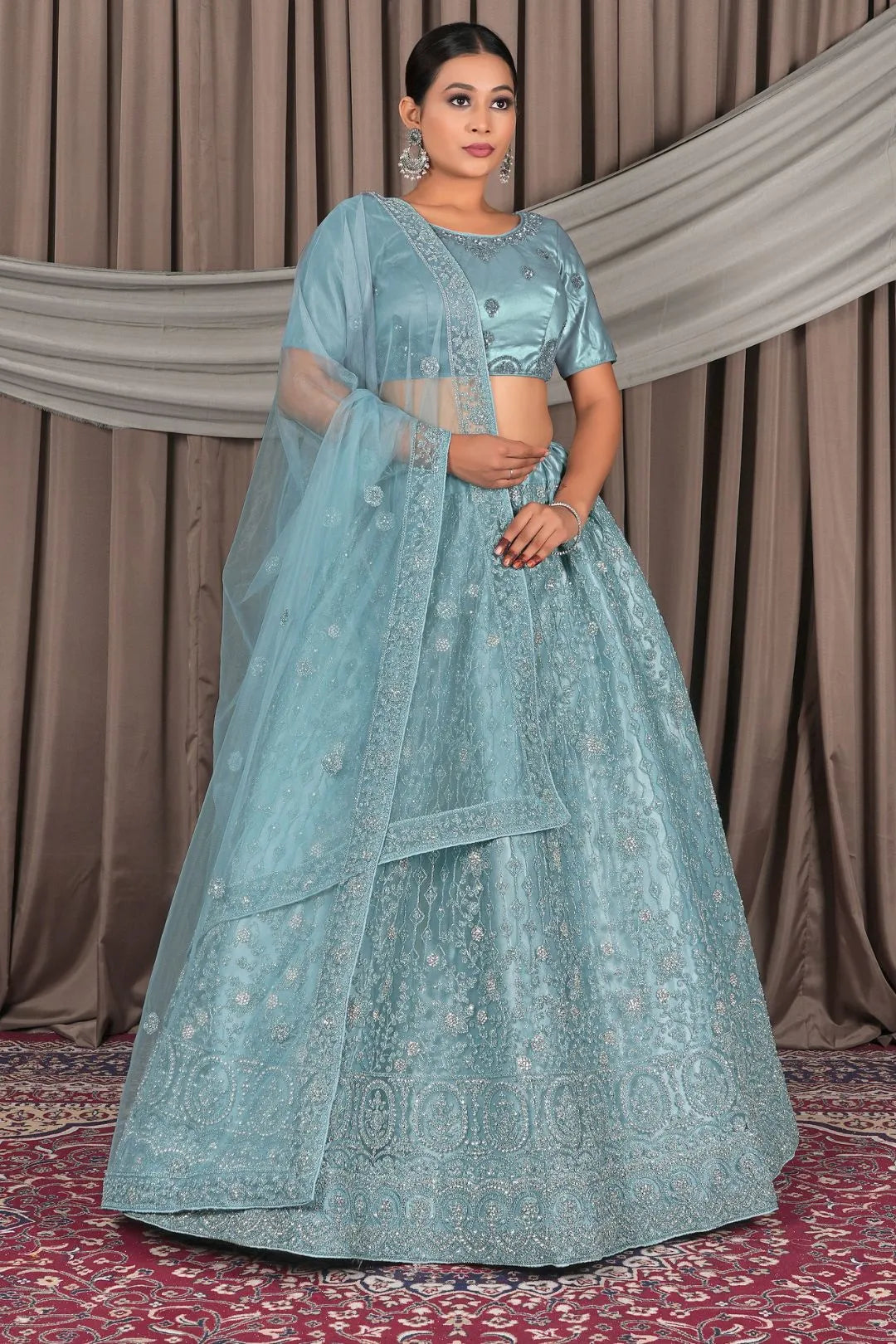 Sea Green Embroidery Work Net Lehenga Choli
