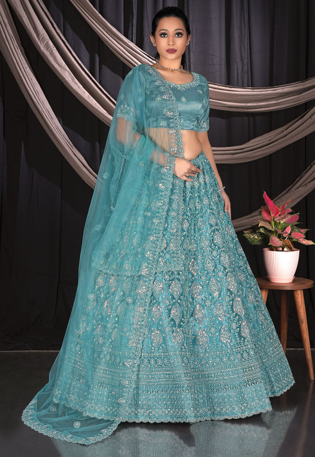 Sea Green Exclusive Net Lehenga Choli With Embroidered Work