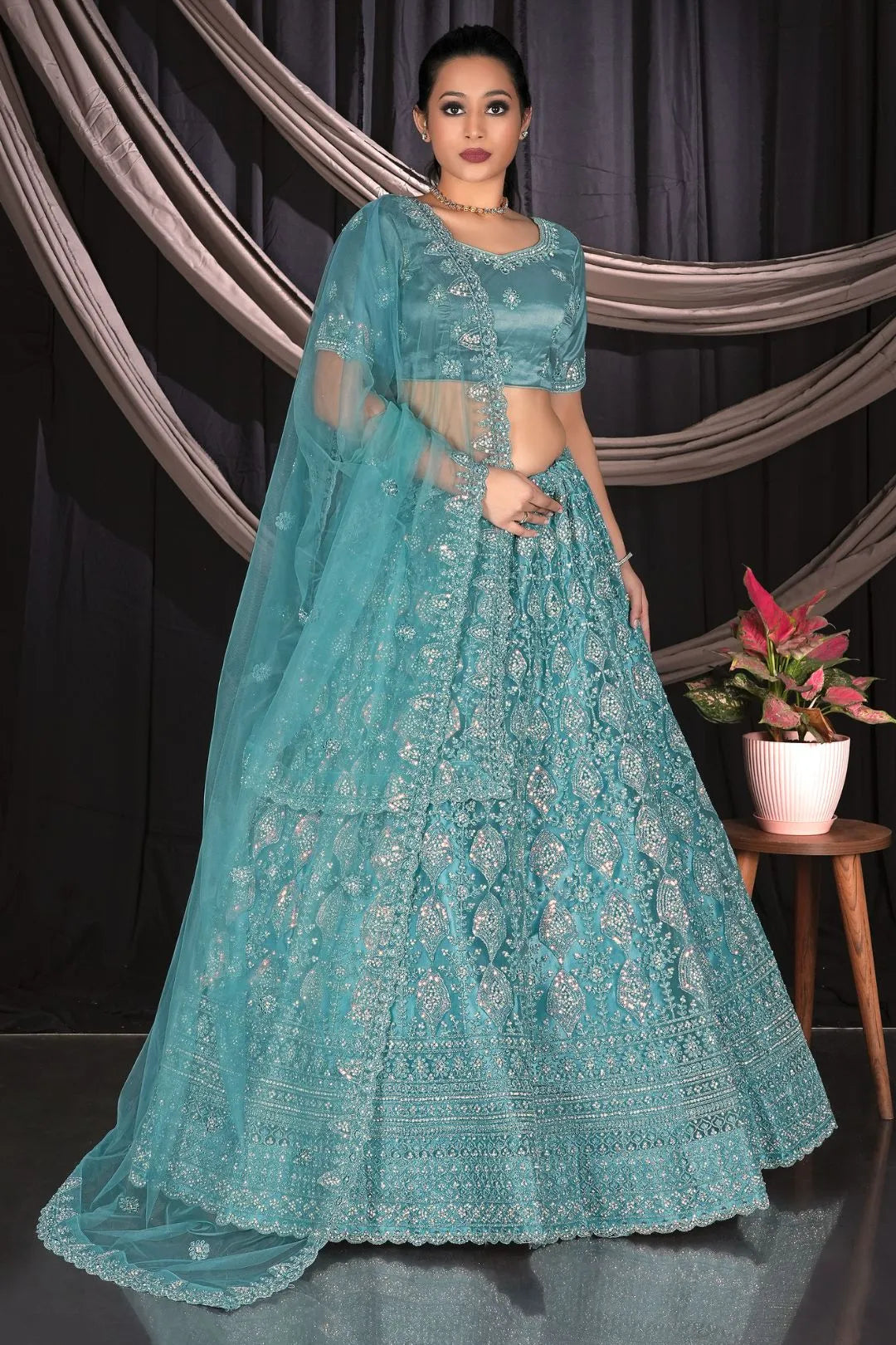 Sea Green Exclusive Net Lehenga Choli With Embroidered Work