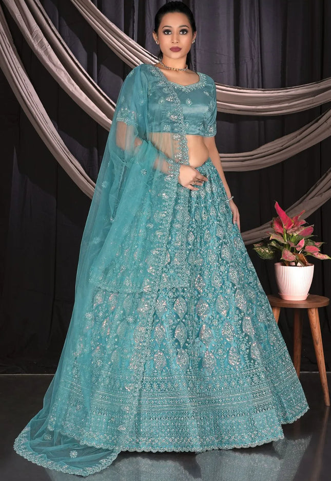 Sea Green Exclusive Net Lehenga Choli With Embroidered Work