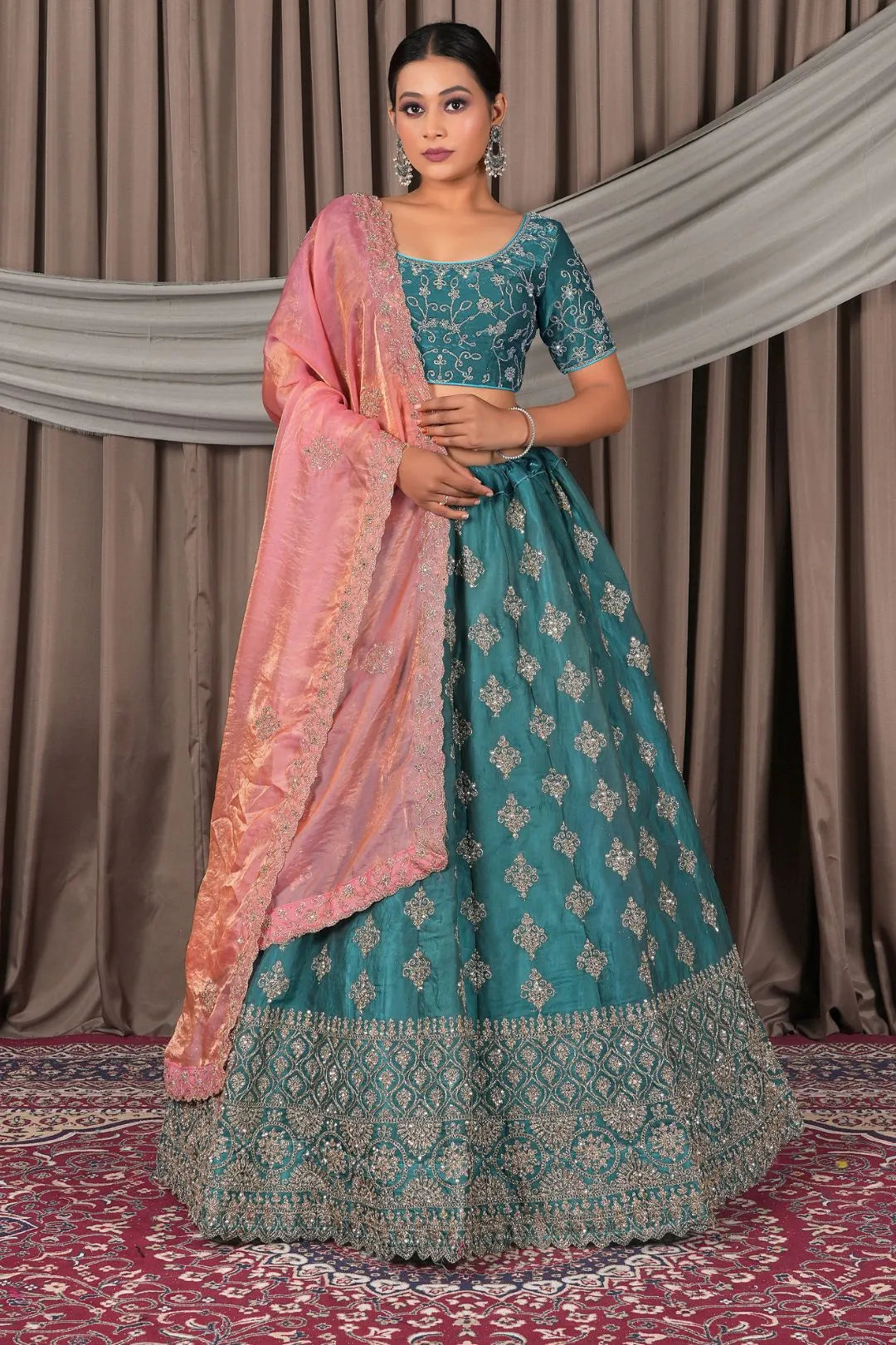 Sea Green Fendy Silk Semi-Stitched Lehenga For Women